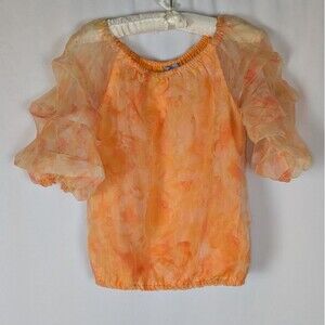 Cece Blouse XS Orange Floral Watercolor Chiffon Puff Sleeves Off the Shoulder